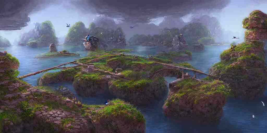 peaceful village built on floating rocks in the sky, rope bridges, birds in background, high fantasy, detailed, digital painting, realistic, landscape by jonathan berube 