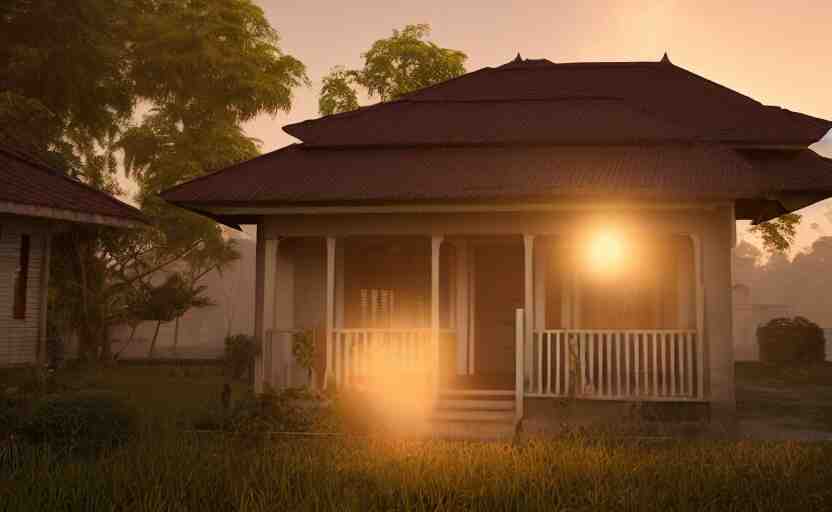 a beautiful small assam type house at sunrise, guwahati, concept art, octane render, unreal engine 5, trending on artstation, high quality, 8 k, soft lighting, path traced, hyperrealistic, highly detailed, digital art, symmetrical, cinematic, high coherence, godrays 