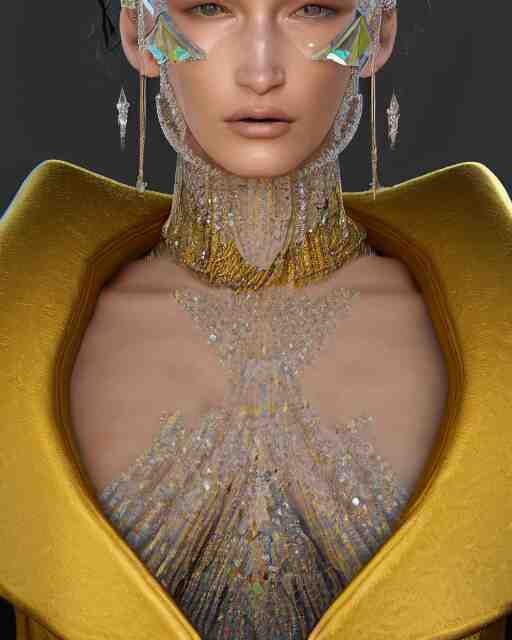 a highly detailed metahuman 8 k close up render of bella hadid in gustav klimt style in diamonds crystals swarovski and jewelry on artstation made in unreal engine 4 