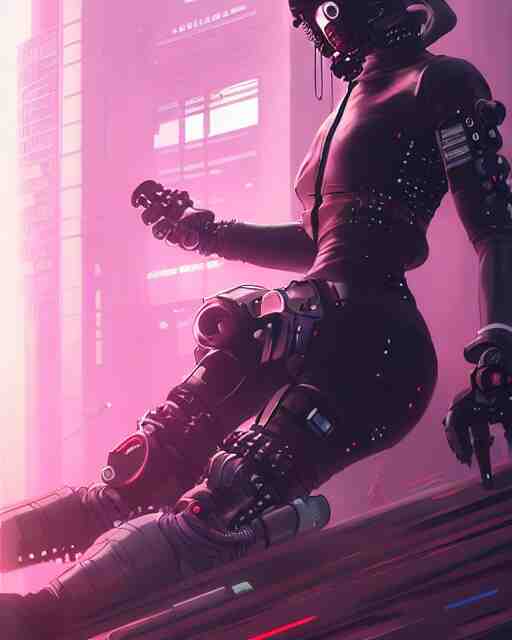 lady assassin wearing cyberpunk streetwear, respirator, cybernetic arms, detailed portrait, 4 k, vivid colours, concept art by wlop, ilya kuvshinov, artgerm, krenz cushart, greg rutkowski, pixiv. cinematic dramatic atmosphere, sharp focus, volumetric lighting, cinematic lighting, studio quality 