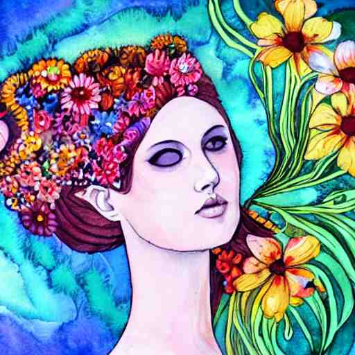 a painting of a woman with flowers in her hair, a watercolor painting by alice mason, deviantart, psychedelic art, deviantart, detailed painting, watercolor 