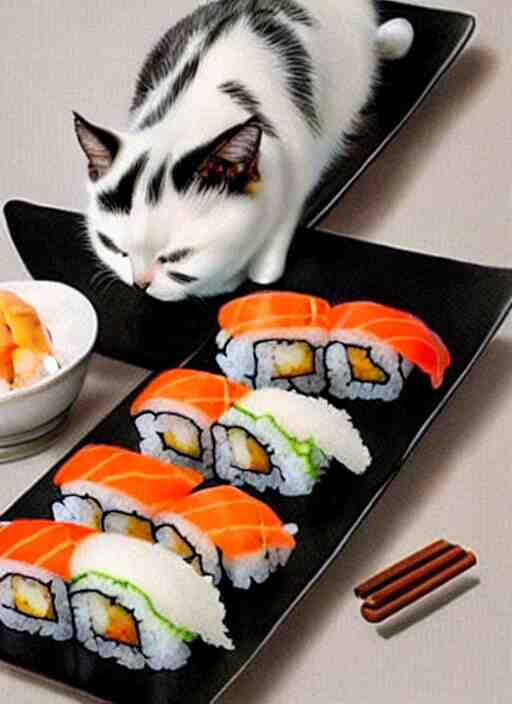 clear photorealistic picture of adorable cats made out of sushi 