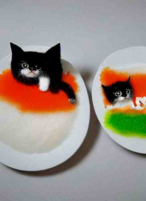 clear surrealist painting of adorable cats made from sushi rice, sitting on sushi plates with garnish 