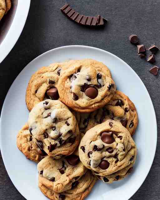 plate full of several freshly baked chocolate chip cookies, delicious, glistening, chocolate sauce, marshmallows, highly detailed, food photography, art by rembrandt 