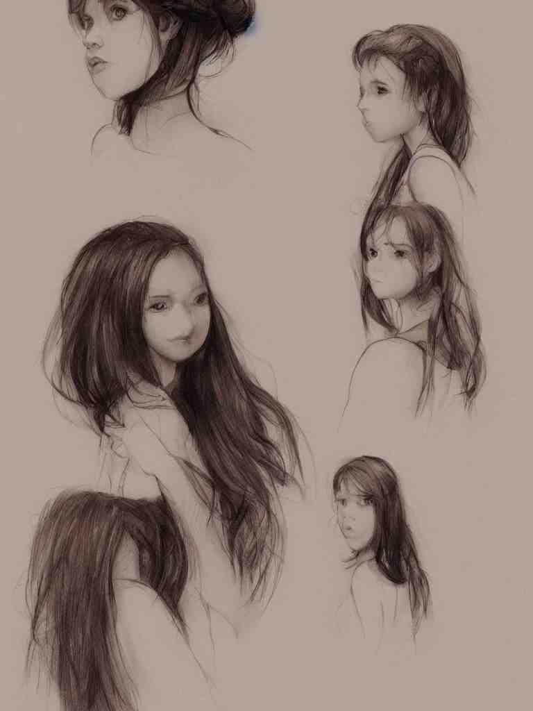 sketches of girl by concept artists, blunt borders, rule of thirds, whimsical, light and shadow, backlighting! 