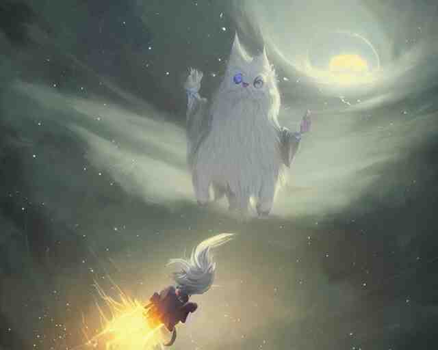 one cartoonish kitty dressed as Gandalf floating alone in space, bright stars, anime, a fantasy digital painting by Greg Rutkowski and James Gurney, trending on Artstation, highly detailed