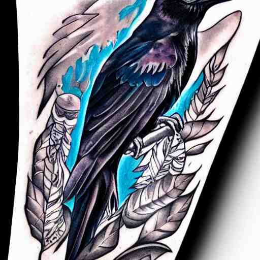raven, jioness, forest, blue flame, moon, tattoo art by Bryan Alfaro, award winning tattoo concept, highly detailed,