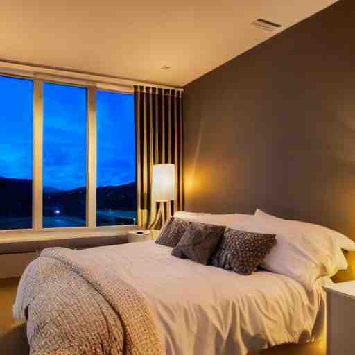 a futuristic furnished bedroom with a large window at sunset, godrays, luxury white bed, warm lighting