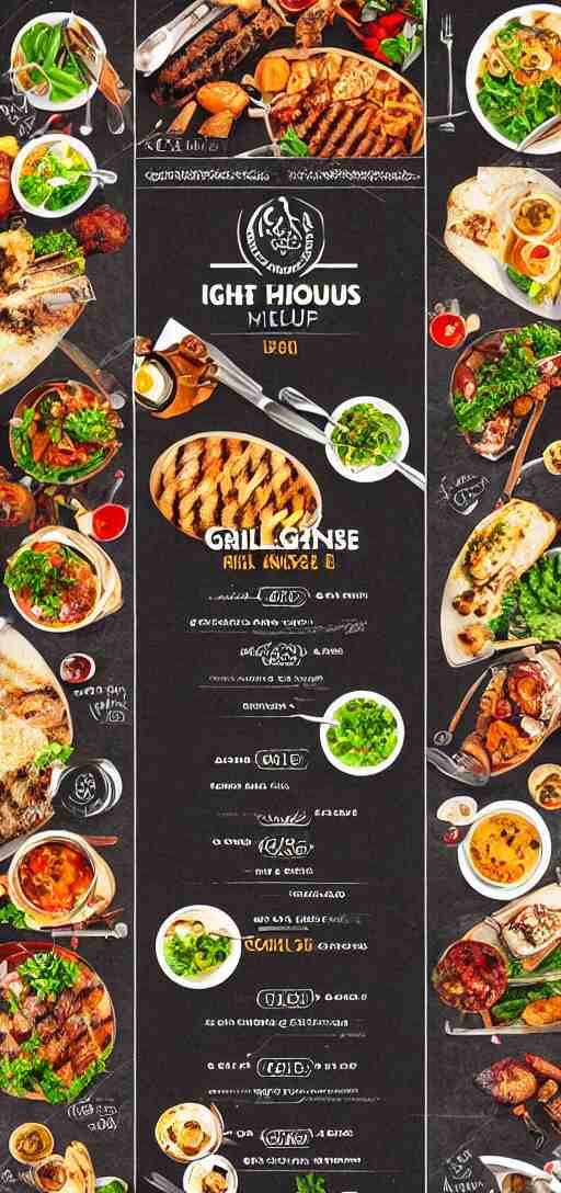 a very high image of a graphic menu for a grill house, graphic, template, design, cool, grill, food photography, no text 