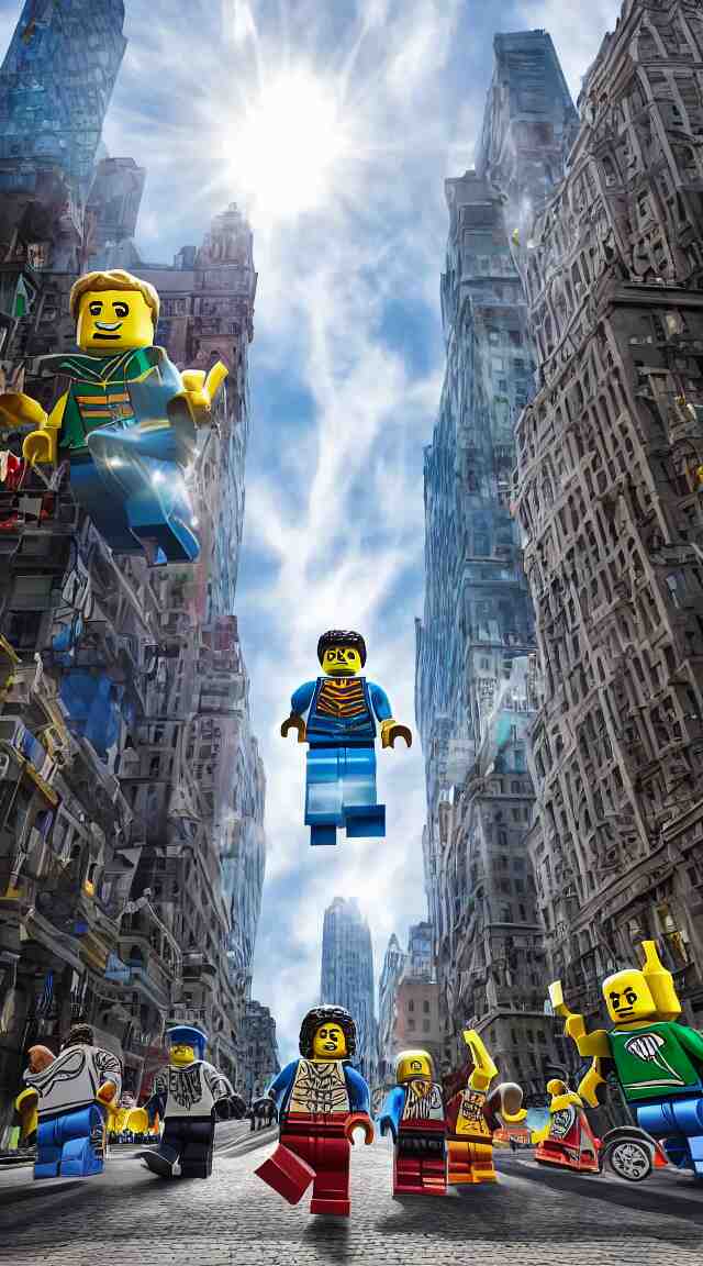 hyperrealistic giant enormous lego minifigure walking over city street, street view, epic lighting, composition, view from ground, buildings, cars, sky 