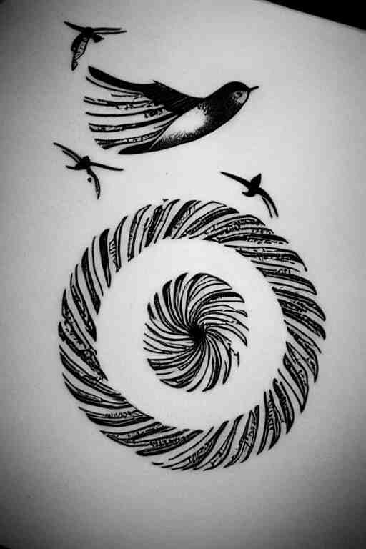 a simple tattoo design of birds flying in a 2 spiral, black ink, logo 