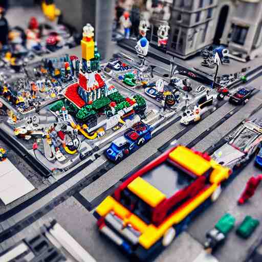 mini lego in the city, photorealistic, highly detailed, sharp focus, vivid, symmetrical, random, convoluted, mind - blowing, creative, fully functional, physics defying, amazing, cool, atmospheric 