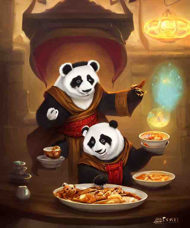 a portrait an anthropomorphic panda mage eating chinese food, wearing mage robes, restaurant in background, cute and adorable, dnd character art portrait, well rendered matte fantasy painting, deviantart artstation, by jason felix by steve argyle by tyler jacobson by peter mohrbacher, cinematic lighting 