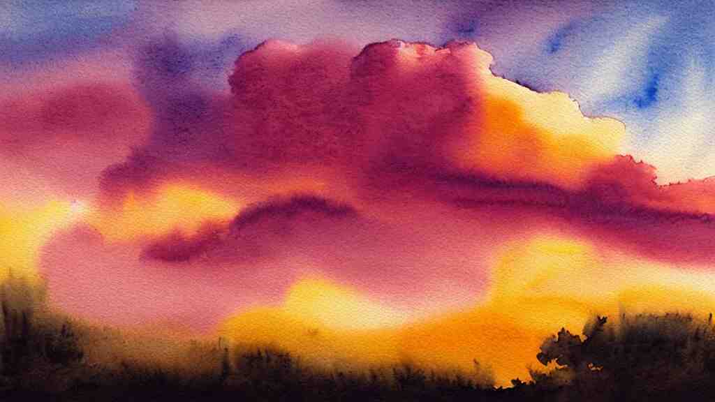 watercolor of a big cumulonimbus cloud on a pink sunset 