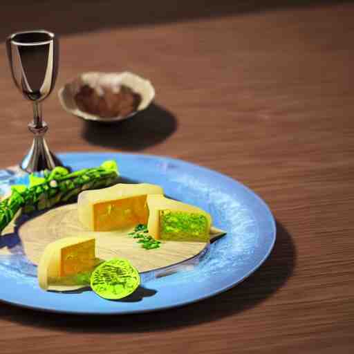 a hyperdetailed blue fork, 3 d render, ultra high detail, octane render, rtx, hdr, the fork is on a plate, the plate is on a wooden table. 