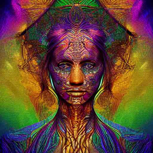 a majestic portrait of a woman with a vascular structure as the amazon aws logo, digital painting, high detail, 8 k, intricate ornamental details, vibrant iridescent colors, green magenta and gold 