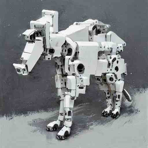 dog type mech made of white plastic art by jakub rozalski 