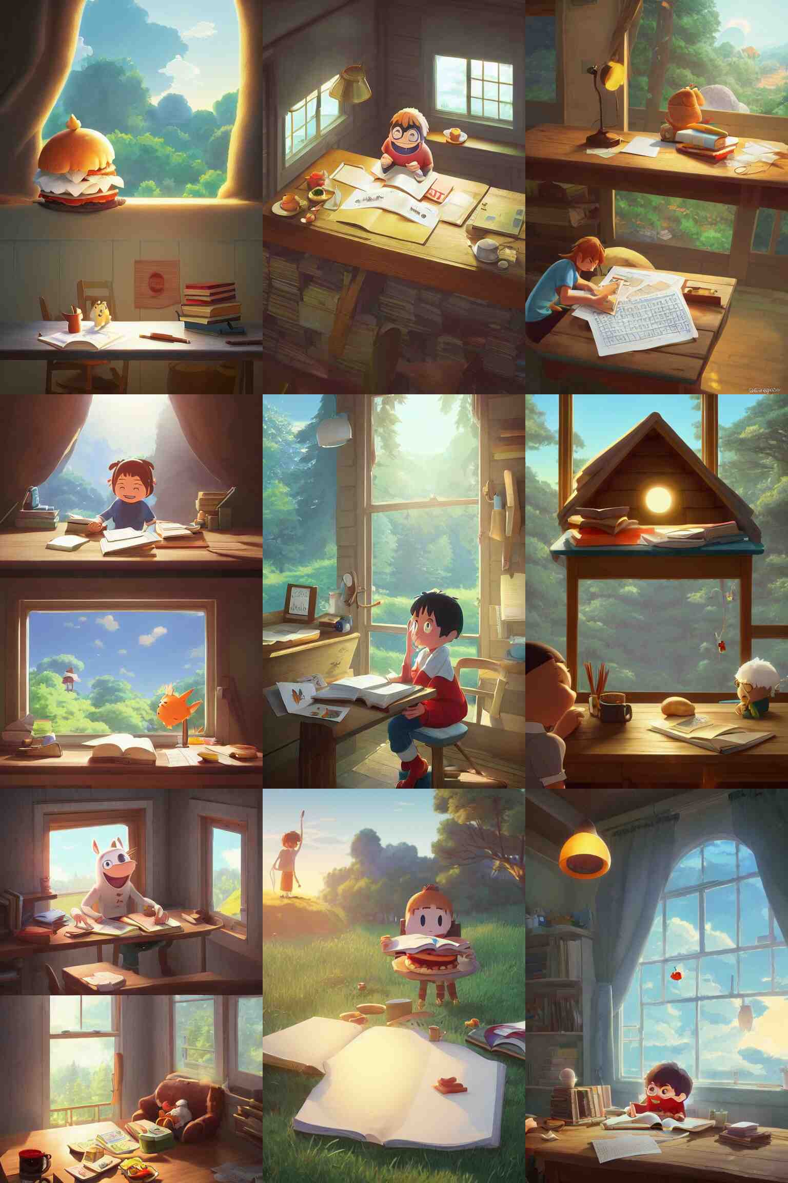 a wholesome cottagecore illustration of a happy cartoon hamburger studying math, studio Ghibli, Pixar and Disney animation, sharp, Rendered in Redshift and Unreal Engine 5 by Greg Rutkowski, Bloom, dramatic lighting, sunrise