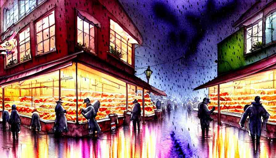 watercolor painting of a butcher shop, raining, busy street, romantisism, outrun, pastel colors, painting, moody, detailed, by android jones 