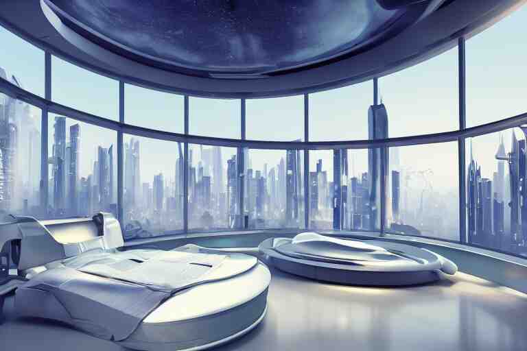 a futuristic luxury white bedroom with curved ceiling high windows looking out to a far future cyberpunk cityscape with many flying cars, night time, neon lights, cinematic 3d render, unreal engine 5, cgsociety