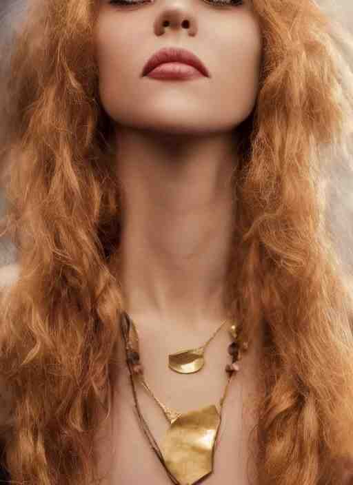 vintage photograph of an olive skinned female model with strawberryblonde hair in her twenties, her hair pinned up, wearing a designer top and one thin gold necklace, looking content, focused on her neck, photo realistic, extreme detail skin, natural beauty, no filter, slr, golden hour, 4 k, high definition, selfie 