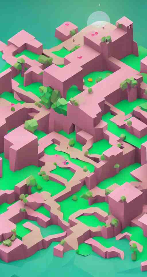 a cute little matte low poly isometric cherry blossom forest island, pink waterfalls, mist, lat lighting, soft shadows, trending on artstation, 3d render, monument valley, fez video game,