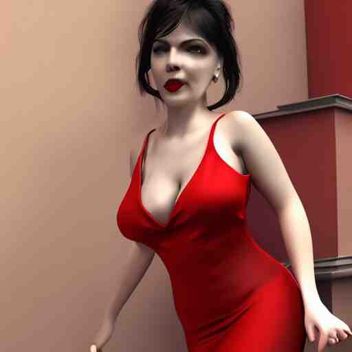 woman, red short dress, black hair, by milo manara, 3 d render, red high heels, face, house, high - poly 