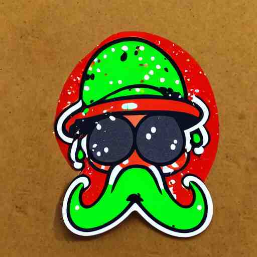 die cut sticker, yoshi wearing mario's mustache, splatter paint 