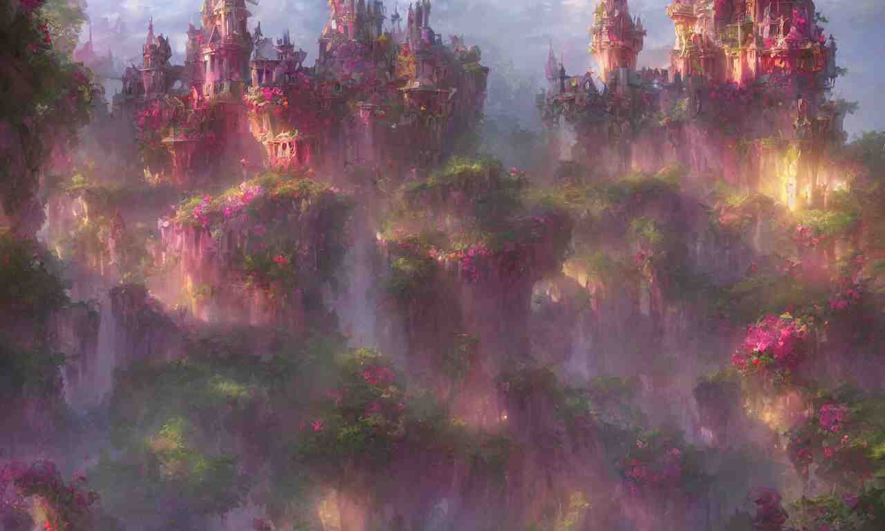 concept art of the colorful rose castle, spectacular, magnificent, fantasy, artstation, render by blender, by krenz cushart 