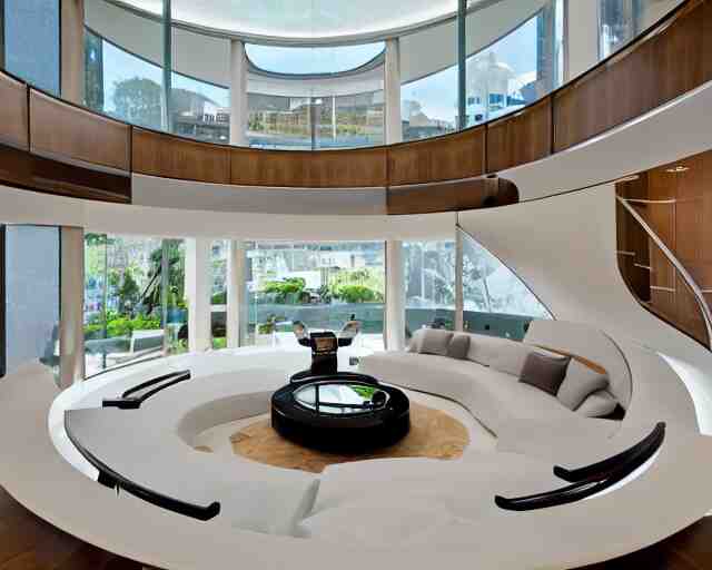 A futuristic living room with floor to ceiling glass windows on the left and curved wooden stairs going upstairs on the right, two white sofas with a white marble table in the center of the living room, stairs to the second floor, in a large glass dome, 8k resolution, professional interior design photograph, wide angle photograph