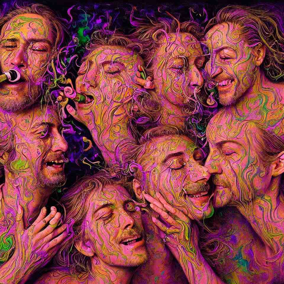 happy psychedelic portrait of friends smoking dmt and becoming gods, smiling and crying, old and young, diffuse lighting, fantasy, intricate, elegant, highly detailed, lifelike, photorealistic, digital painting, artstation, concept art, smooth, sharp focus, art by john collier and albert aublet and jenny saville and artem demura and francis bacon 