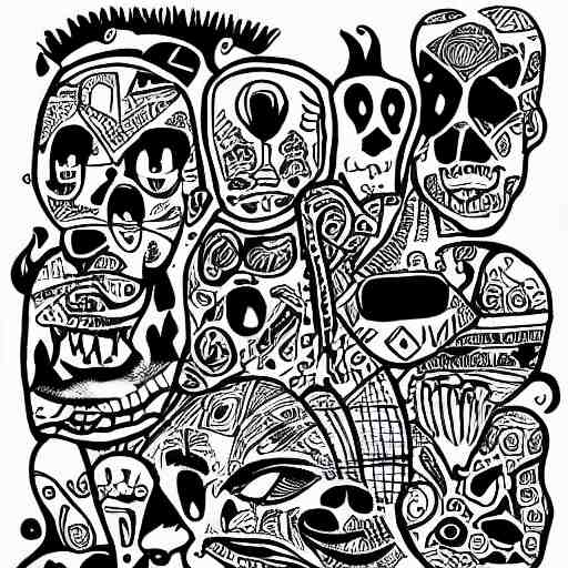 black and white composition of a variety of doodles, drawings, faces, symbols, cartoons, lineart, cave drawing, silhouette, tattoo, chinese ink brush 