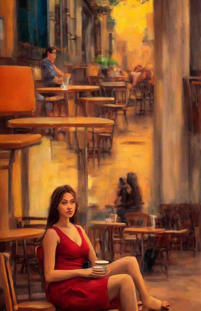 a portrait of a beautiful girl sitting in a cafe, cuban setting, warm colors, soft lighting, atmospheric, cinematic, moody, in the style of diego koi, gina heyer, luiz escanuela, art by alyssa monk, hyperrealism, rule of thirds, oil on canvas, 8 k 