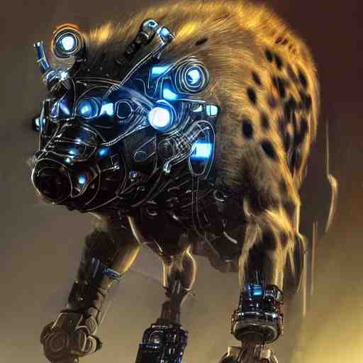 cybernetic hyena, bladerunner style, cyborg with lots of metal and wires, realistic highly detailed concept art 