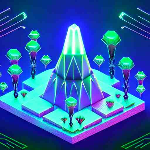 mobile game asset, isometric staircase, crystals, organic low poly vector design, bioluminescent alien - like plants of pandora, aesthetic of avatar's alien nature. we can see alien plants glowing in the dark arround the isometric itens in dark place cyan, orange smooth glow night photoshop filter low poly behance hd 