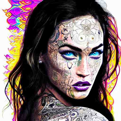 an extremely psychedelic portrait of megan fox as mgk, surreal, lsd, face, detailed, intricate, elegant, lithe, highly detailed, digital oth, sharp focus, illustration, 