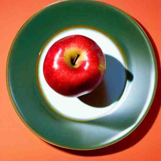 a wide angle side view realistic photo of only 3 apples on a colorful plate, award winning, food photography, by ansel adams 