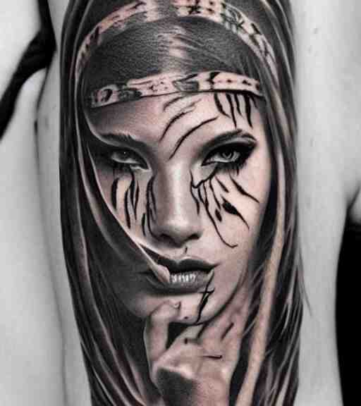 tattoo design of a beautiful girl warrior below a tiger head, hyper realistic, realism tattoo, by eliot kohek, beautiful eyes, realistic face, black and white, white background 