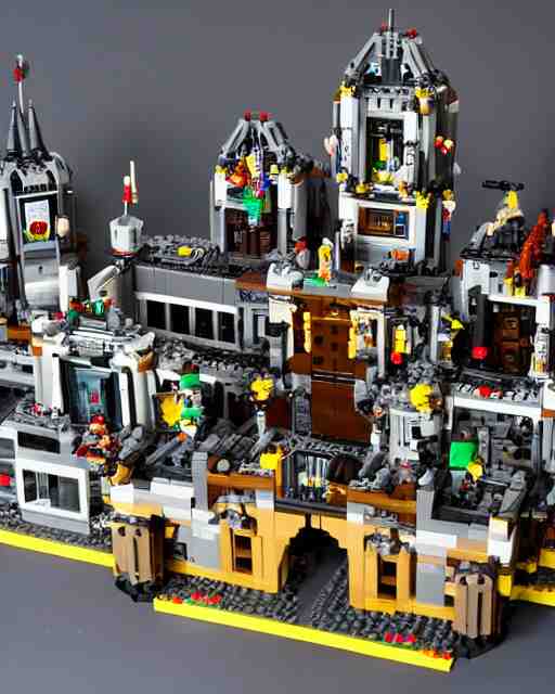 a high quality photograph of an intricate complex lego set of a realistic cyberpunk castle