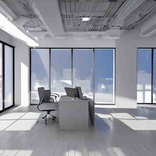 a white empty pink office with sun rays looming down, with a pool inside, dynamic lighting, photorealistic concept art, trending on art station, stunning visuals, creative, cinematic, ultra detailed, ray tracing 