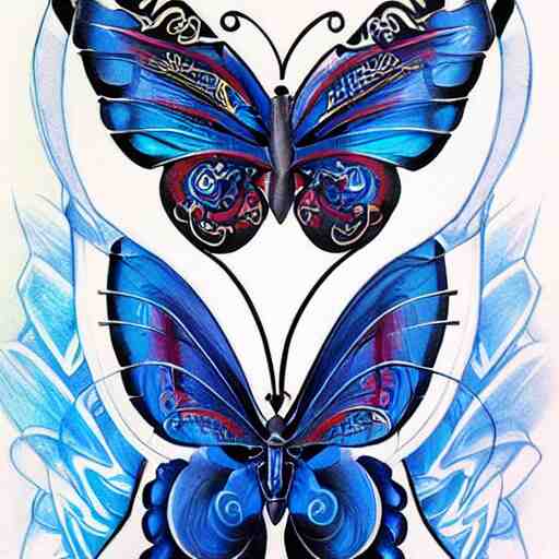 tattoo design, stencil, traditional, big blue diabetes ribbon transforming into a butterfly, upper body, by artgerm, artgerm, digital art