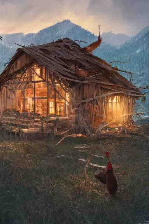 an awesome twilight day concept art of old hut with chicken legs, by kengo kuma and wes anderson with village, mixed development, cgsociety, fantastic realism, artstation hq 