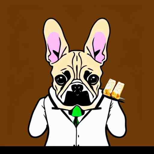 sticker art of a french bulldog in a suit eating a candy bar with a fork and knife at a fancy restaurant by ed roth 