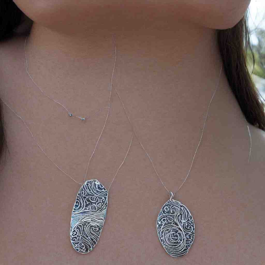 Amulet Of Wave inlaid in silver, on a young beautiful woman neck, realistic, clean,