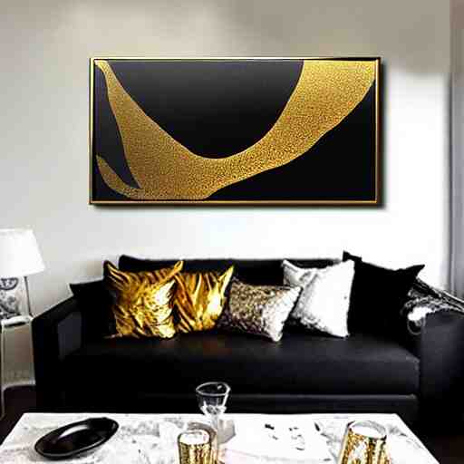 a pour painting on canvas, gold black silver colors, abstract, thick paint, glossy, resin coated 