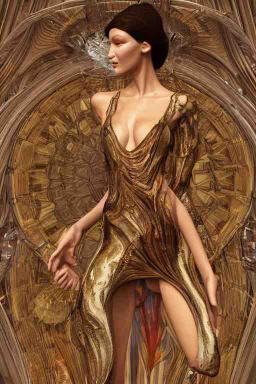 a highly detailed 3 d render painting of a beautiful alien goddess bella hadid in iris van herpen dress schiaparelli in diamonds in style of alphonse mucha trending on artstation made in unreal engine 4 