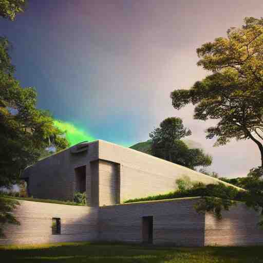 modernist house inspired by a tibetan palace on a hill, big green trees, colorful clouds, dramatic lighting, artstation, matte painting, raphael lacoste, simon stalenhag, frank lloyd wright, zaha hadid 