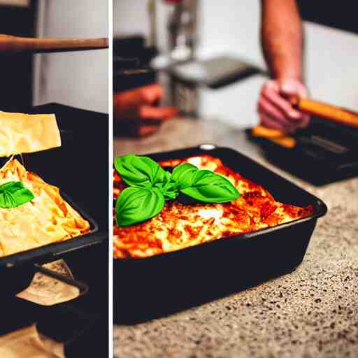 studio photography of a platypus cooking a lasagna with three basil leaves over the lasagna 