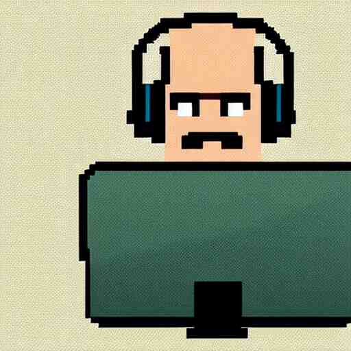 a bald hipster with headphones and a laptop, isometric pixelart, sprite, pixelart!! 