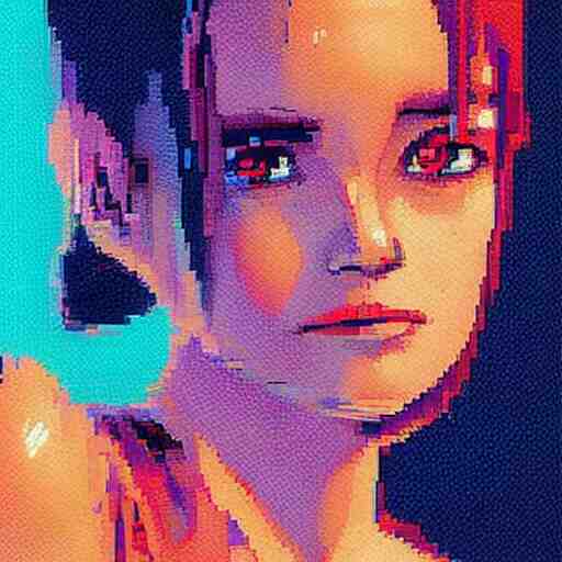 A pixel art, pointillisme potrait of a cyberpunk cyborg girl with big and cute eyes, fine-face, realistic shaded perfect face, fine details. Very anime style. Realistic shaded lighting poster by Ilya Kuvshinov katsuhiro, magali villeneuve, artgerm, Jeremy Lipkin and Michael Garmash, Rob Rey and Kentarõ Miura style, trending on art station